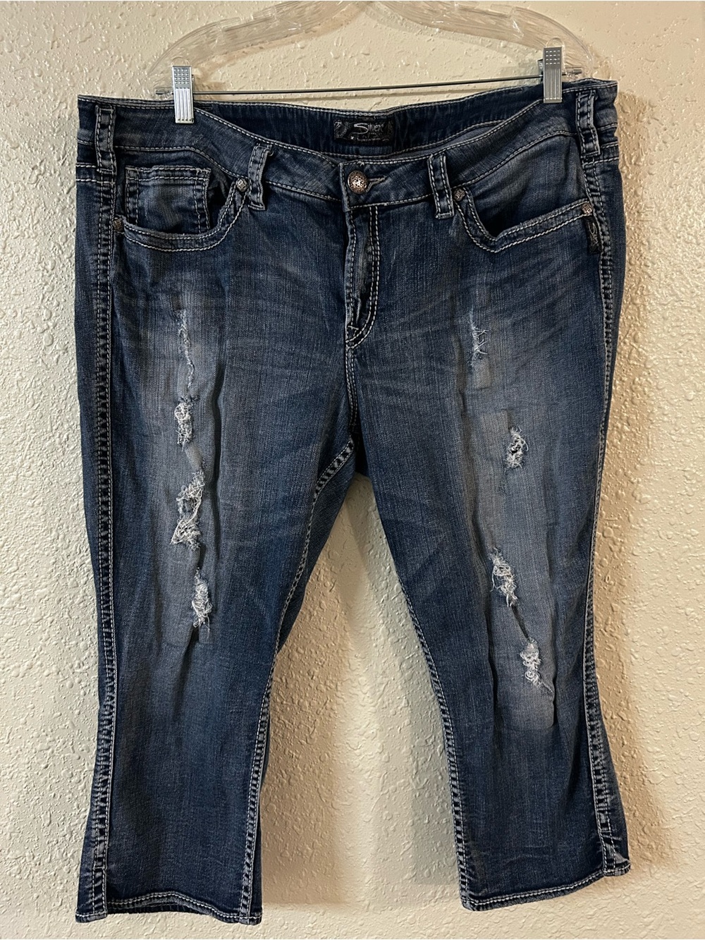 Silver Jeans Distressed Dark Blue Cropped Jeans